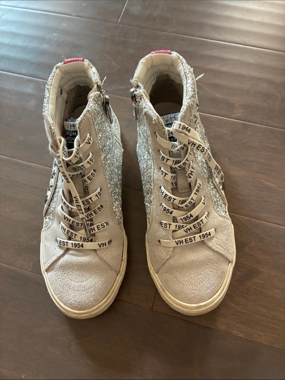Vintage Havana Cream High-Top Sneakers with Silver Glitter and Pink Heel Tab